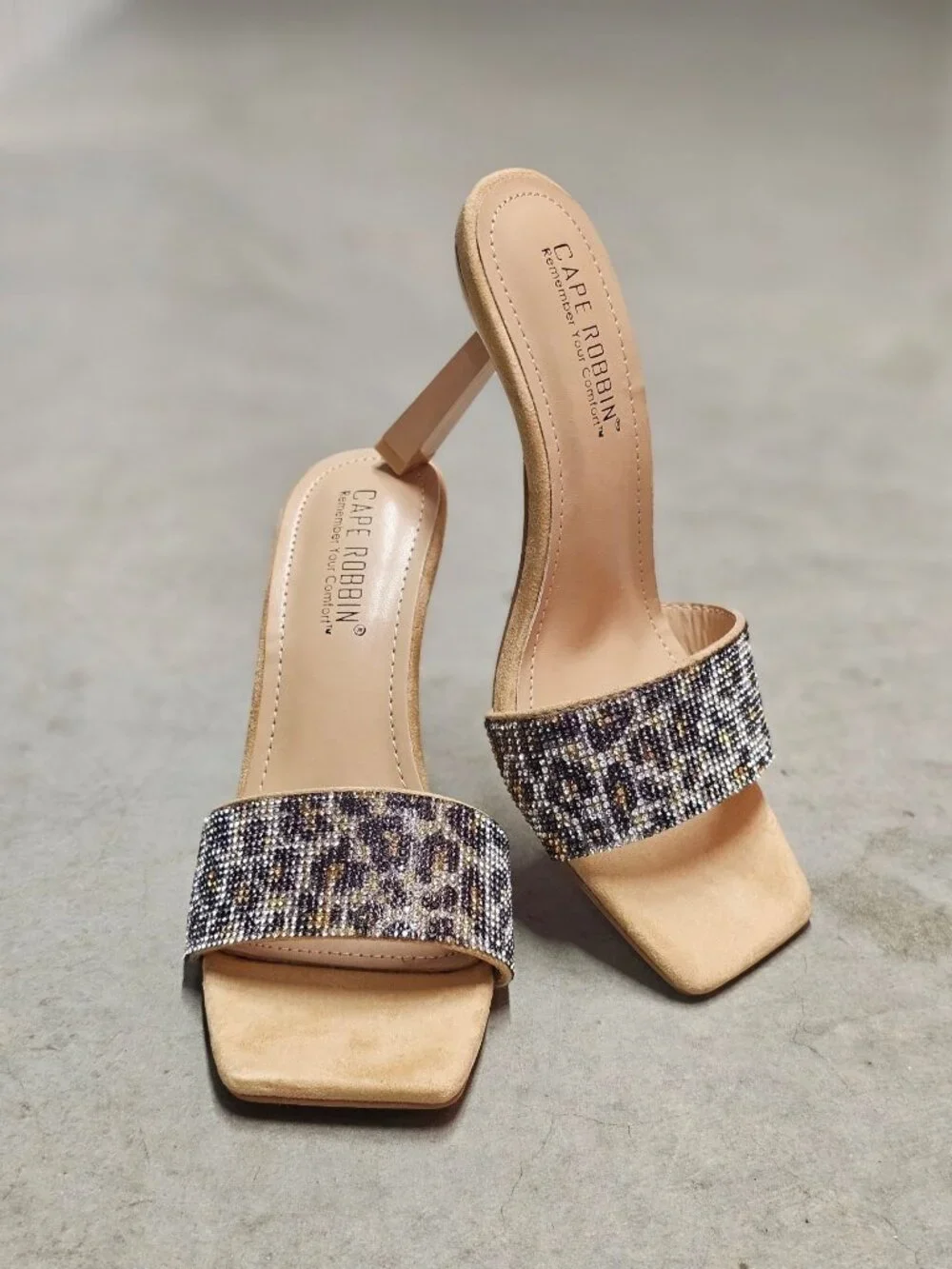 Beaded Leopard Print Square-Toe Open Heels With Stiletto Heel Design